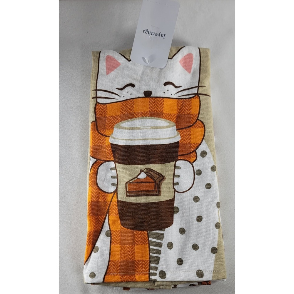 Kitty with Coffee & Festive Fall Season Kitchen Towels Set Of 2 100% Cotton NWT